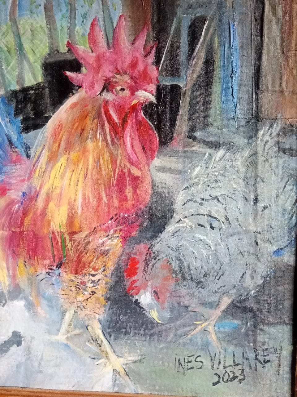 Gallo y gallina — Óleo sobre lienzo por Inés Villa