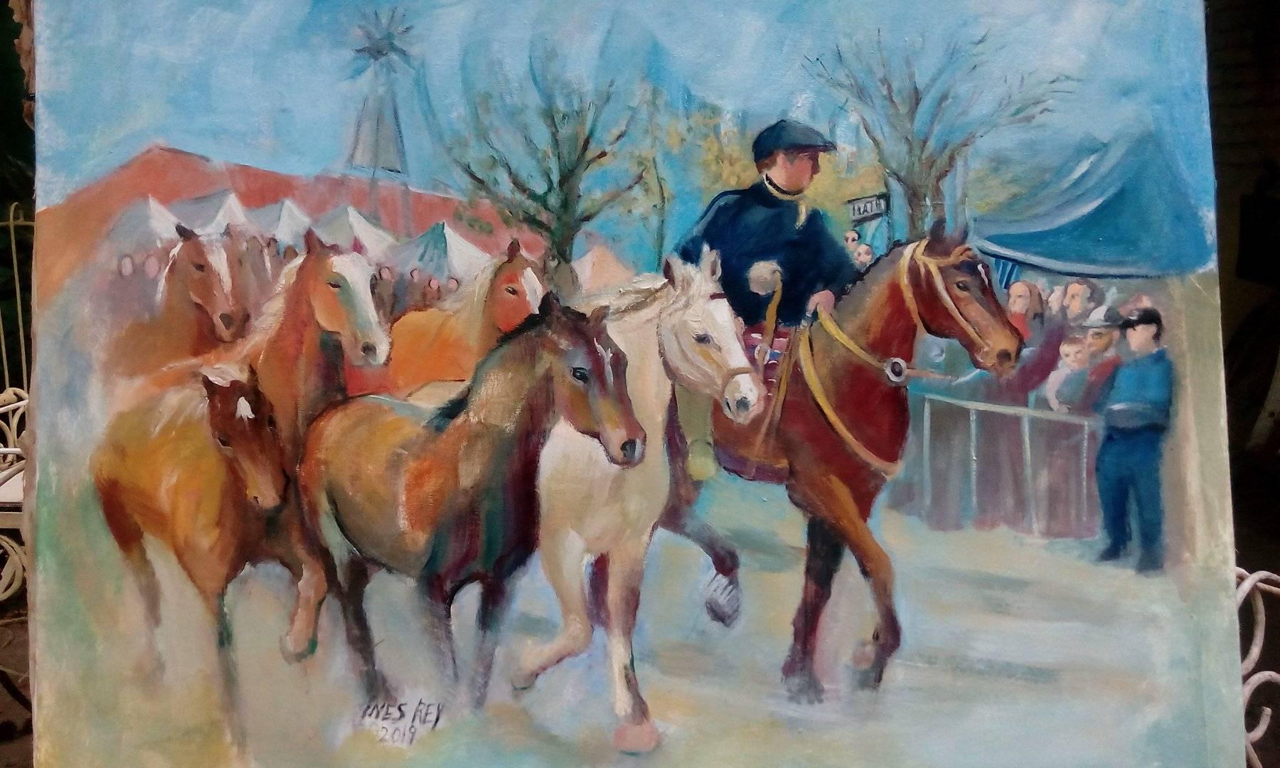 Tropilla en la feria — Óleo sobre lienzo por Inés Villa