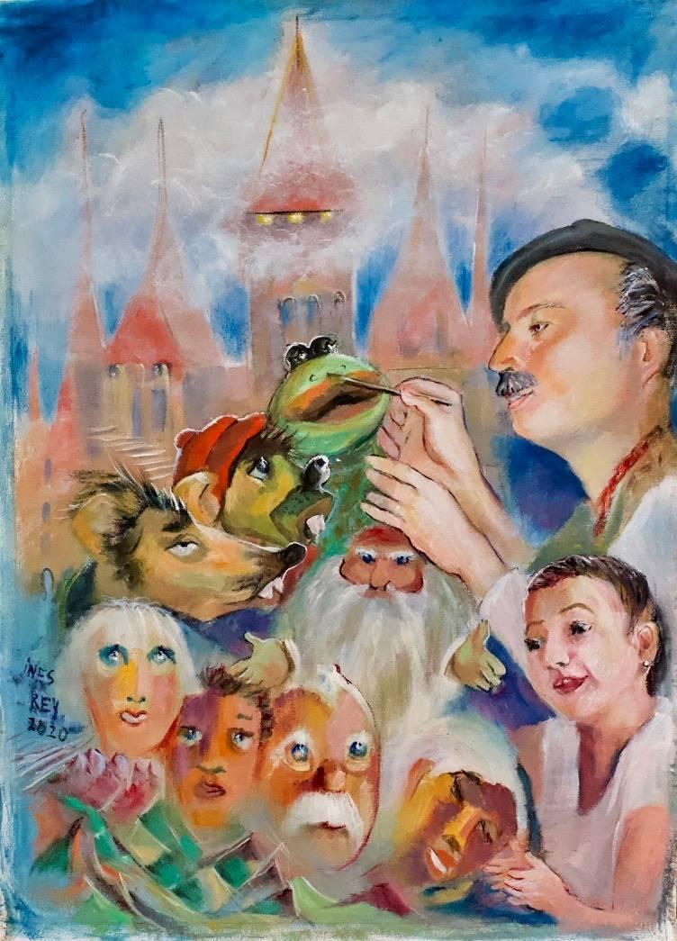 El pintor y sus personajes — Óleo sobre lienzo por Inés Villa